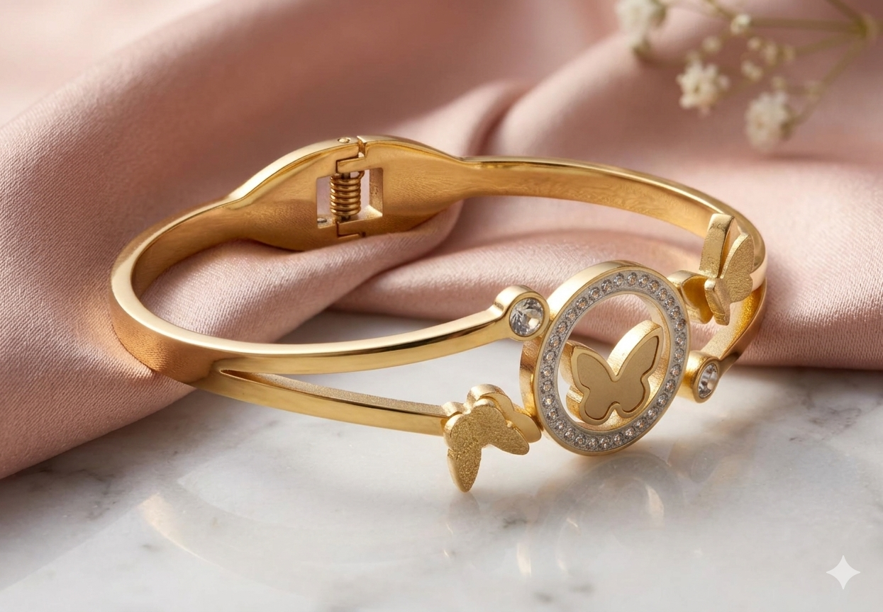 Butterfly Motif Gold-Toned Bangle Bracelet