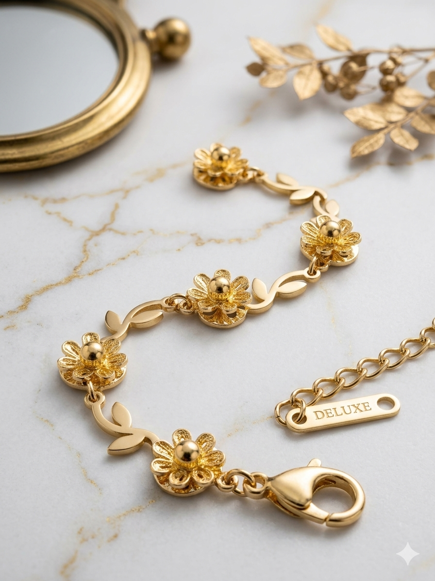 "Gold Sunflower Filigree Bracelet" Anti tarnish