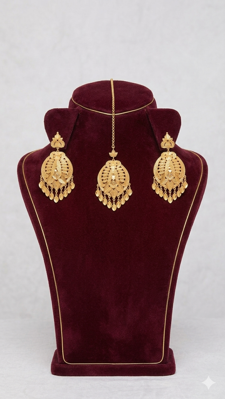 Gold Chandelier Earrings & Tikka Set
