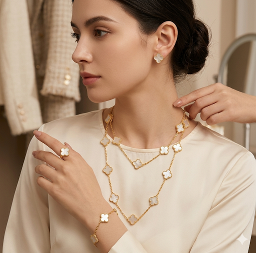 White cloverset with Bracelet,earring,neklece,finger ring