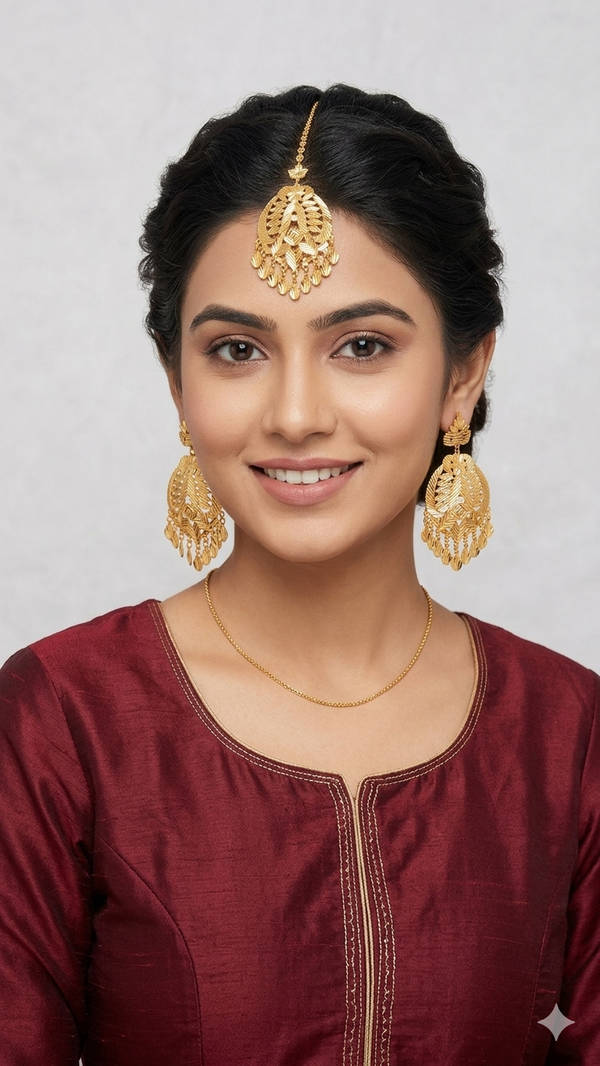 Gold Chandelier Earrings & Tikka Set