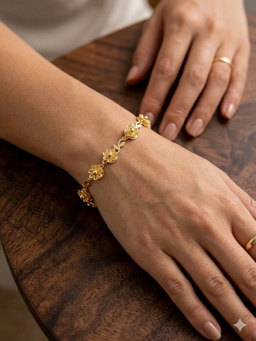 "Gold Sunflower Filigree Bracelet" Anti tarnish