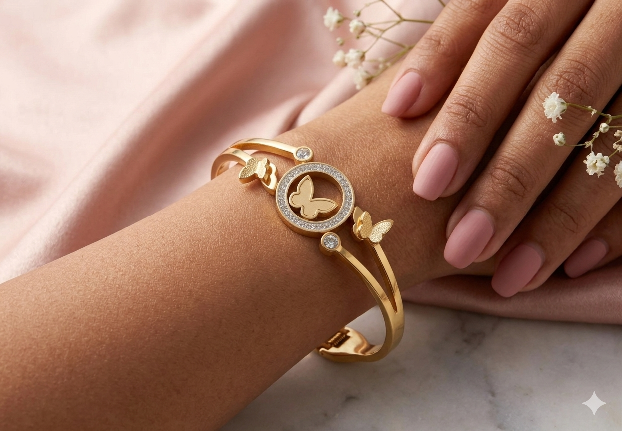 Butterfly Motif Gold-Toned Bangle Bracelet