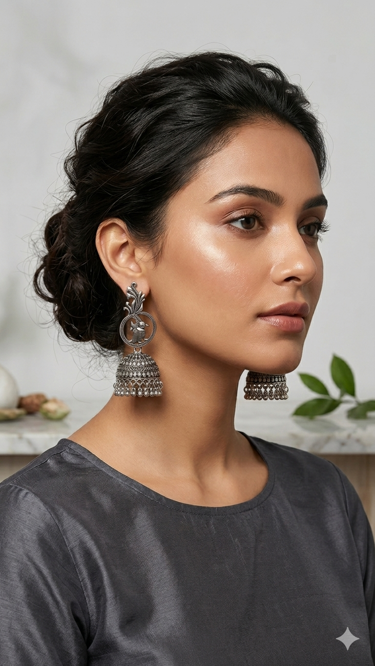 Oxidized Silver Peacock Jhumkas