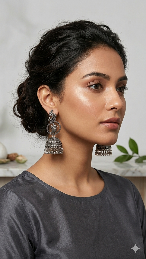 Oxidized Silver Peacock Jhumkas