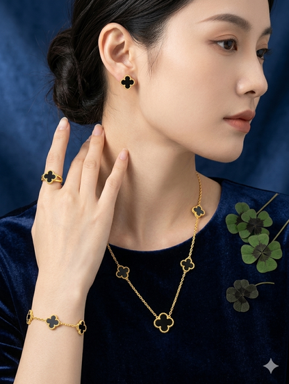 Black Cloverset with Bracelet,Earrings,necklace,finger ring