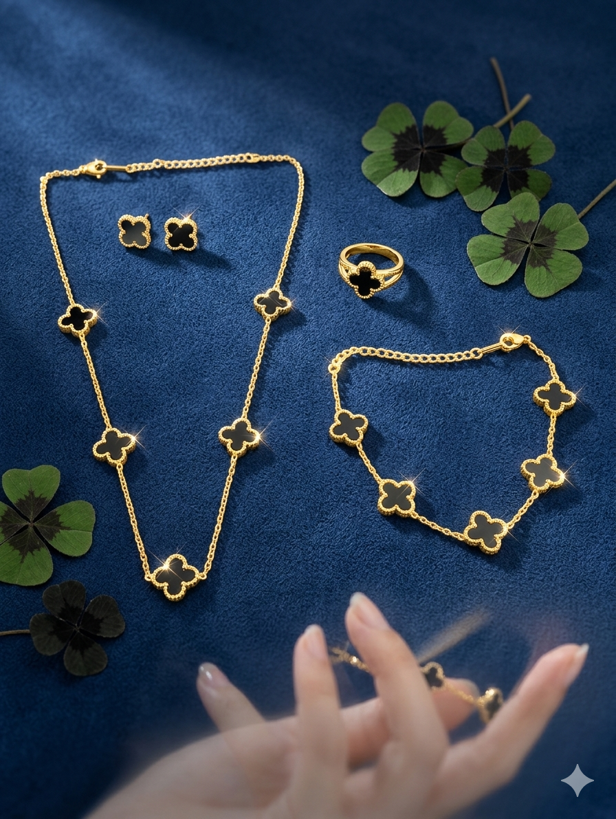 Black Cloverset with Bracelet,Earrings,necklace,finger ring