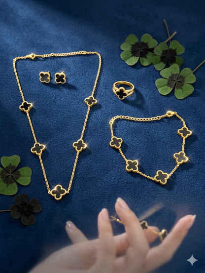 Black Cloverset with Bracelet,Earrings,necklace,finger ring