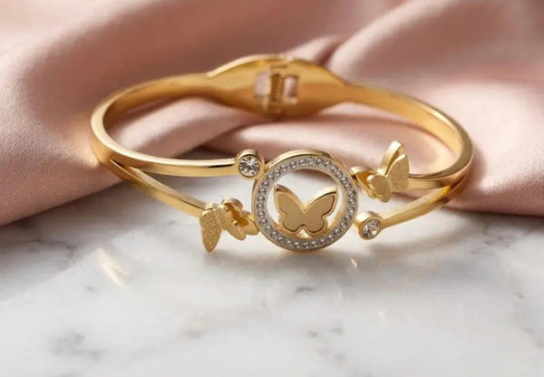 Butterfly Motif Gold-Toned Bangle Bracelet